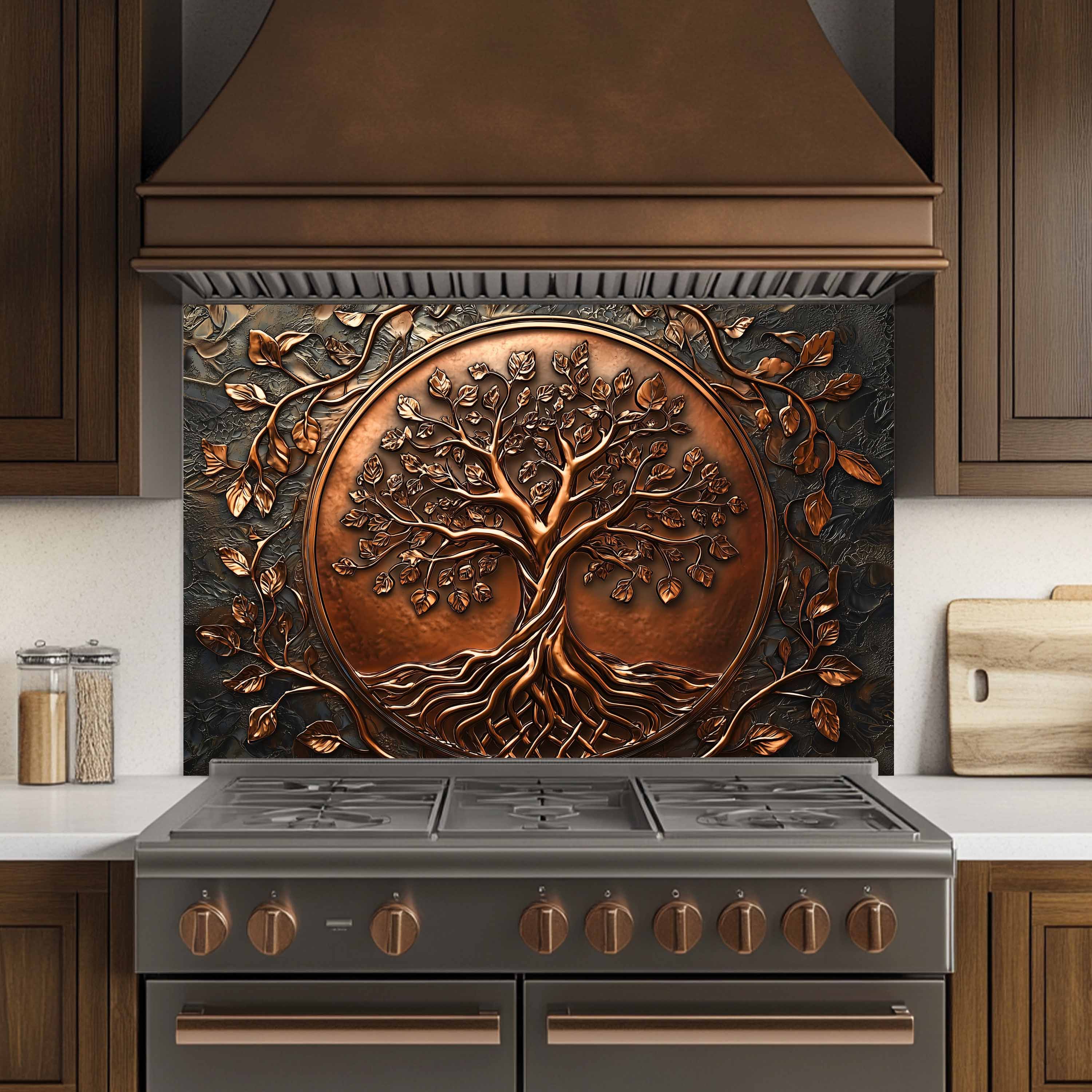 Custom Kitchen Backsplash – Copper Look Tree Tempered Glass Stove Backsplash
