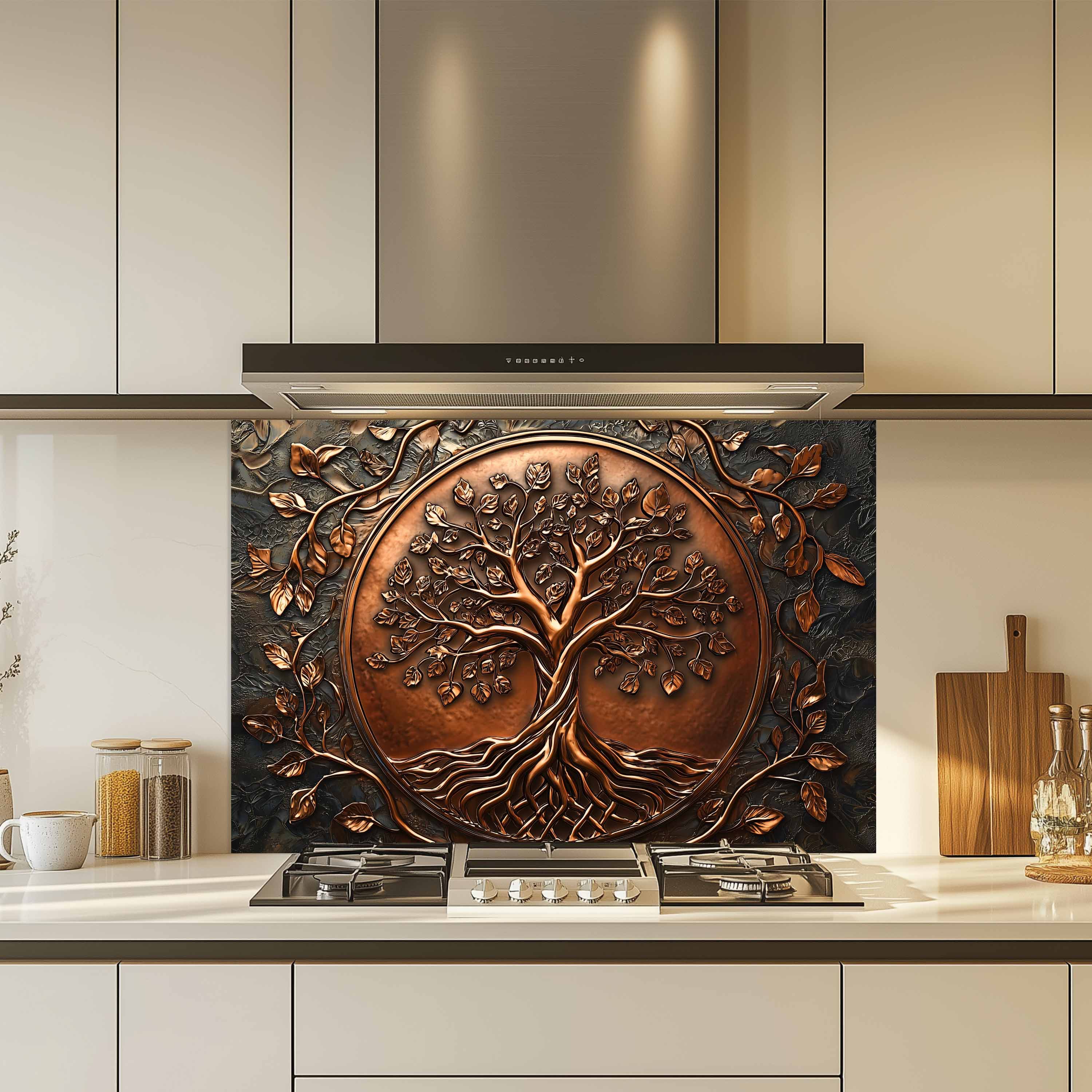 Custom Kitchen Backsplash – Copper Look Tree Tempered Glass Stove Backsplash