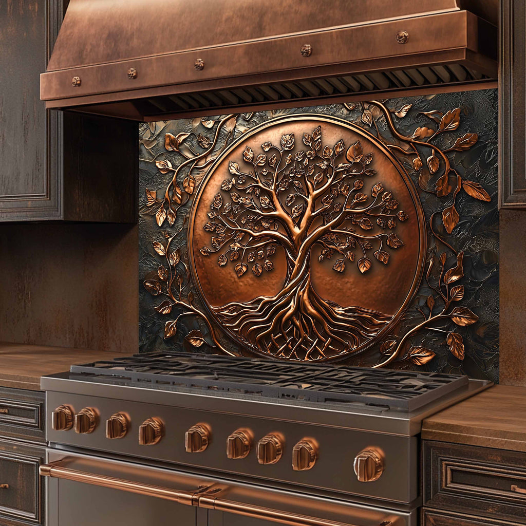 Custom Kitchen Backsplash – Copper Look Tree Tempered Glass Stove Backsplash