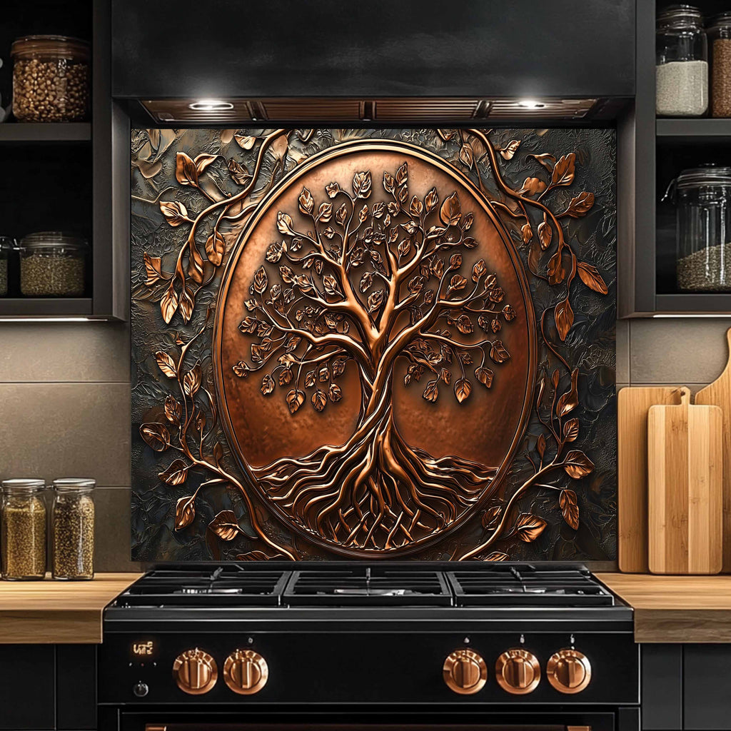 Custom Kitchen Backsplash – Copper Look Tree Tempered Glass Stove Backsplash